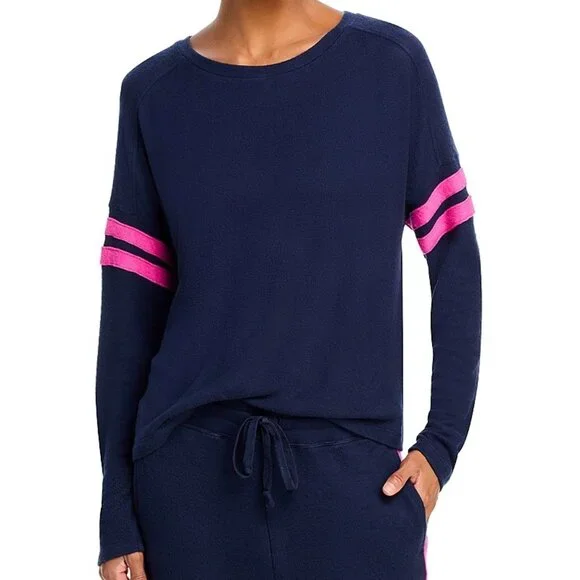 68$ AQUA Athletic Stripe Sleeve Pullover Sweatshirt Long Sleeve Size M Navy Pink - Picture 1 of 4